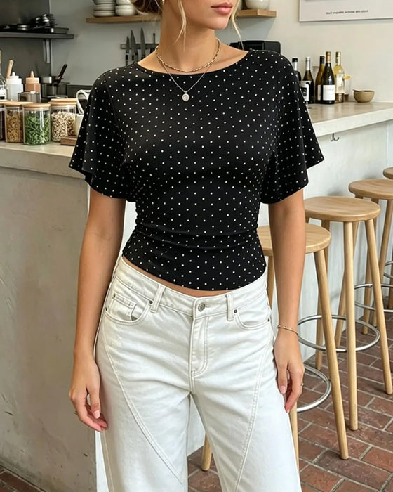 T-Shirt Kropka Przepasujący Okrągły Dekolt Krótki Rękaw