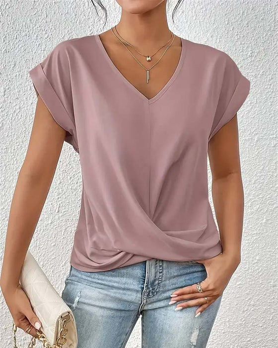 T-shirt z dekoltem w kształcie V Jednolity Kolor Elegancki Krótkie Rękawy