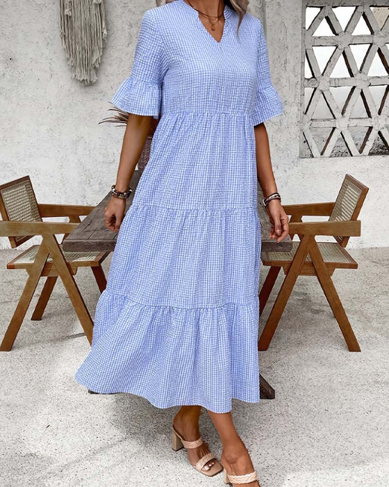 Sukienka Niebieski Biały Gingham V-Szyja