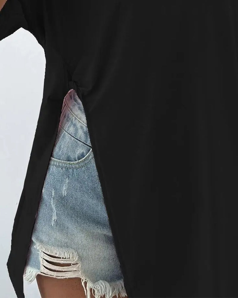 T-Shirt Okrągły Dekolt Rozcięty Krótki Rękaw