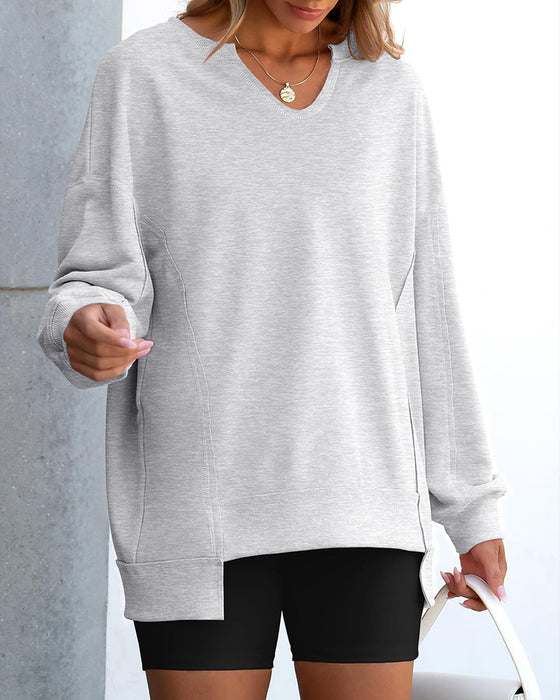 Bluza Mały Dekolt V Luźna Stylizacja Długie Rękawy