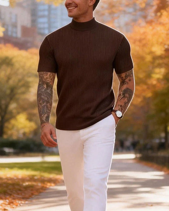 T-Shirt Mock Neck Męski Krótki Rękaw