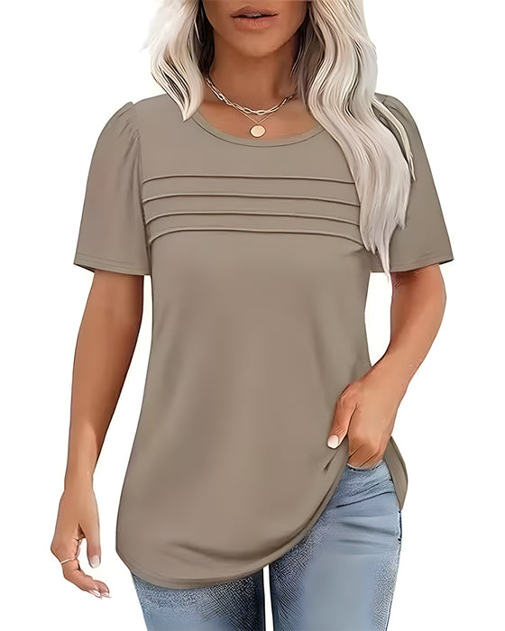 T-Shirt Plisowany Luźny Okrągły Dekolt Krótki Rękaw