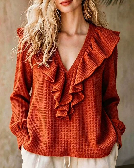 Bluse Vaffelstrik V-Hals Ruffle