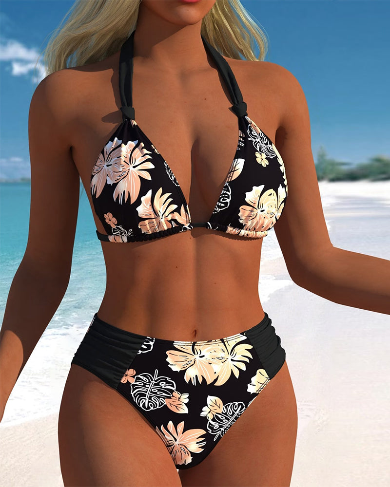 Bikini Tropikalne Kwiatowe Wiązane Na Szyi Dwuczęściowe