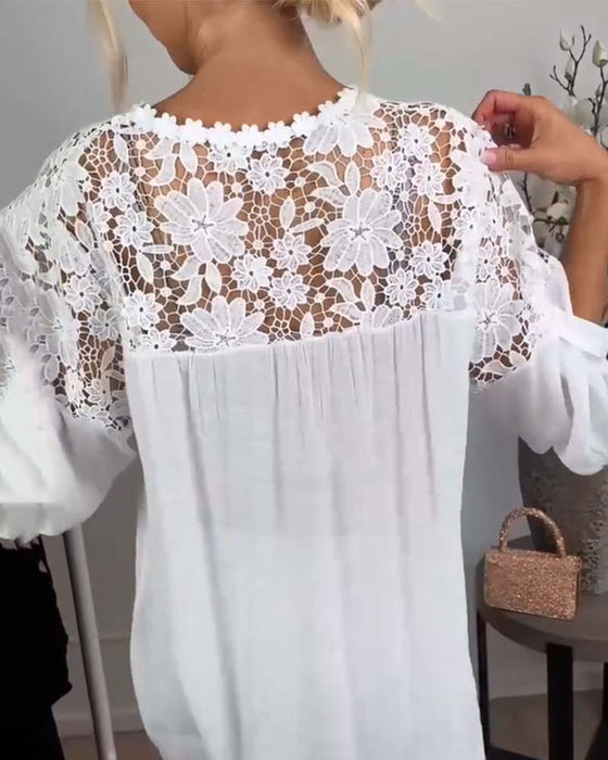 Bluzka Okrągły Dekolt Koronka Patchwork Kwiatowy