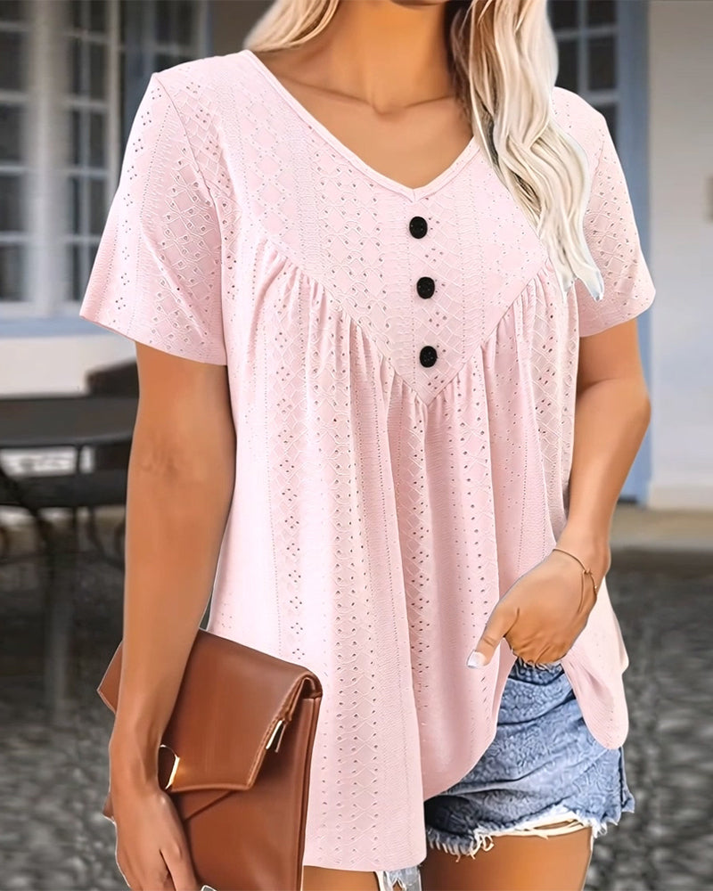 T-Shirt Casual Wycięty Dekolt W Szyję Krótki Rękaw