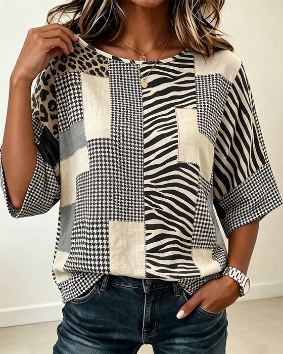 Bluzka Okrągły Dekolt Patchwork Krata Lampart