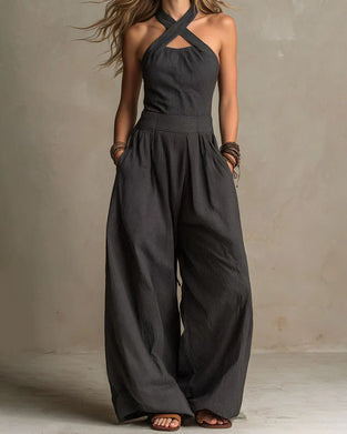 Jumpsuit Halter Krzyż Bez Rękawów Pasek