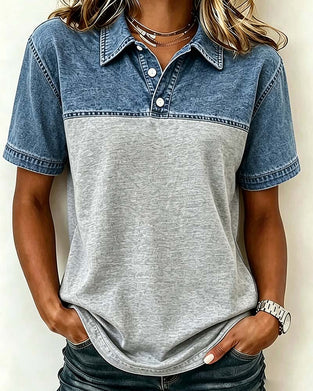 Bluzka Krótki Rękaw Kołnierz Koszula Denim Patchwork