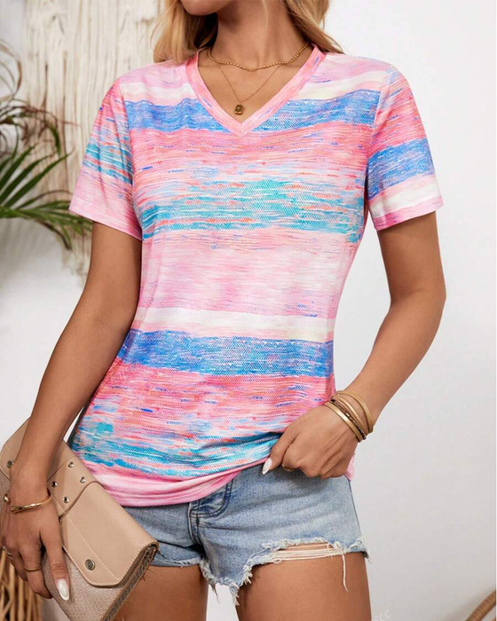 T-Shirt Z Dekoltem W Serek Kolorowy W Paski Uniwersalny
