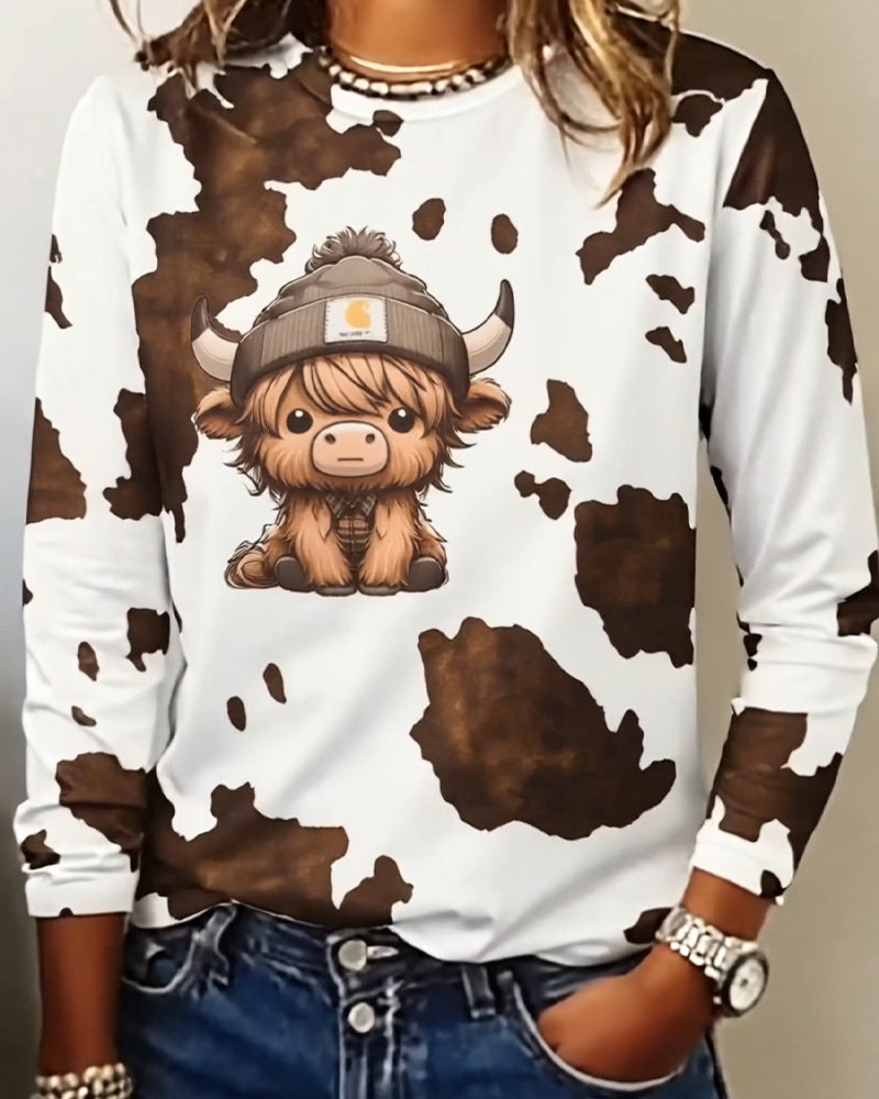 Top Animal Print Okrągły Dekolt Długi Rękaw