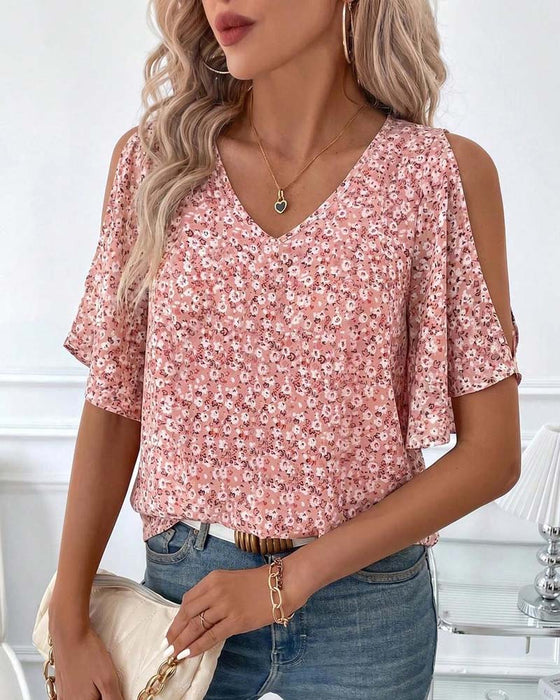 Bluzka V-Szyjka Kwiatowy Off-Shoulder Rękaw Motylkowy