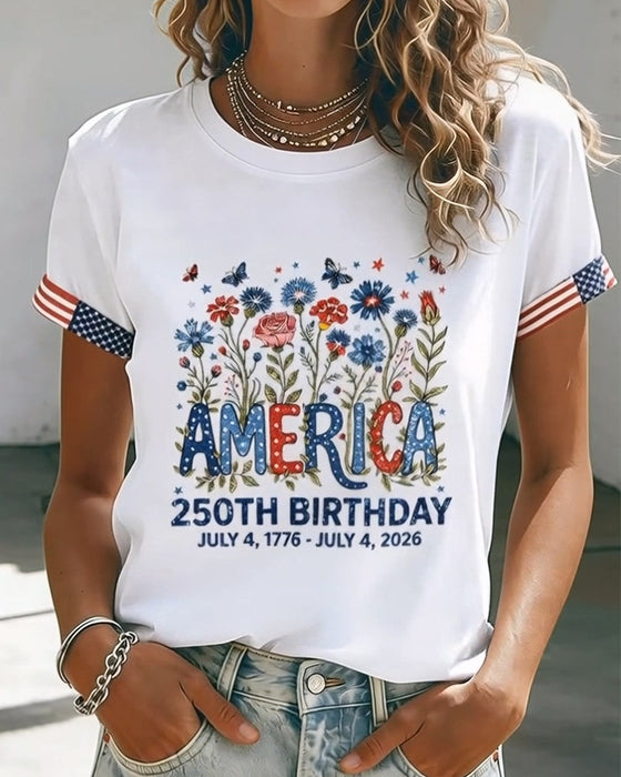 T-Shirt Okrągły Dekolt Litera Kolorowy Kwiatowy Druk