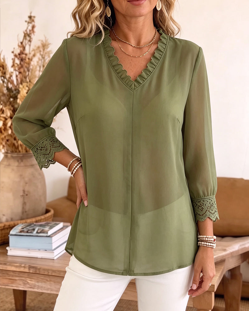 Bluzka V-Szyjka Ruffle Koronka Patchwork