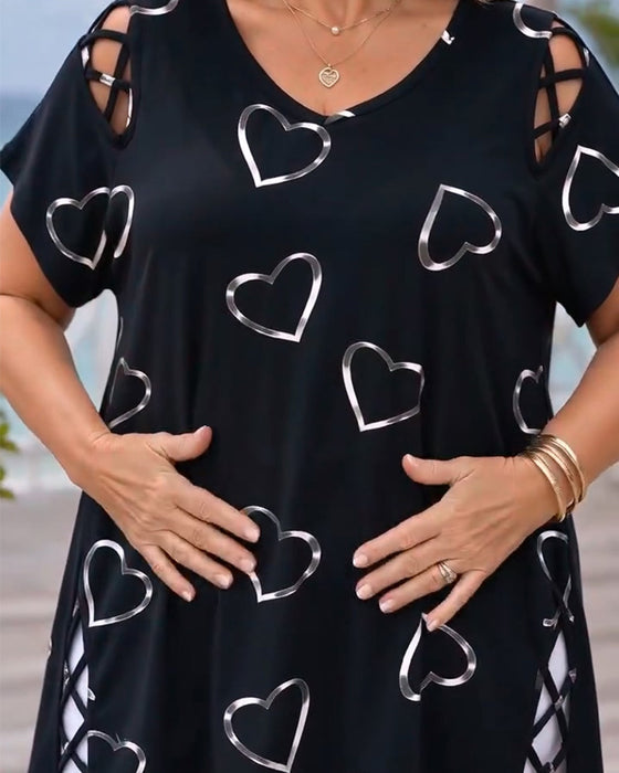 T-Shirt Wzór Serce Ażurowy Krótki Rękaw