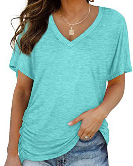 T-Shirt Plisowany Jednokolorowy Dekolt W Serek