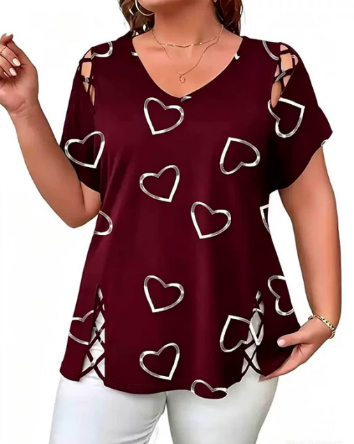 T-Shirt Wzór Serce Ażurowy Krótki Rękaw