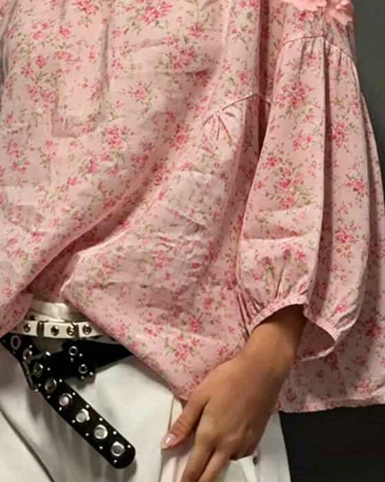 Bluzka Okrągły Dekolt Off-Shoulder Kwiatowy Luźny