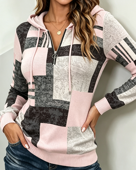 Bluza Z Kapturem Half-Zip Casual Kontrast W Kratę