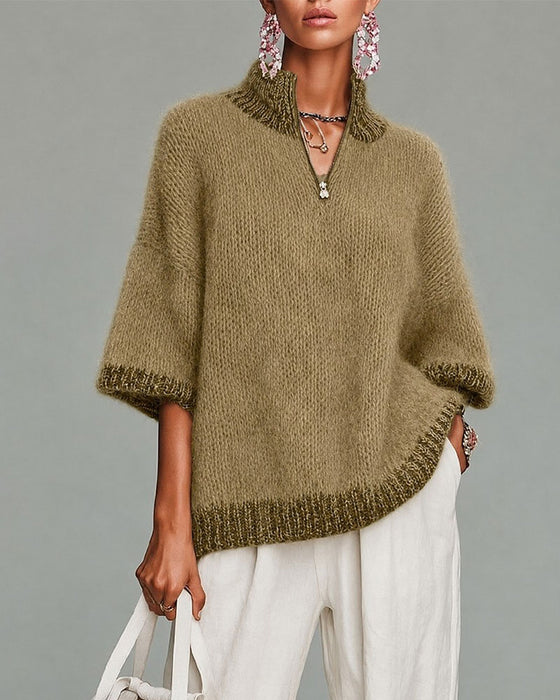 Sweter Half-Zip Kontrastujący Rękaw Trzy-Czwarte