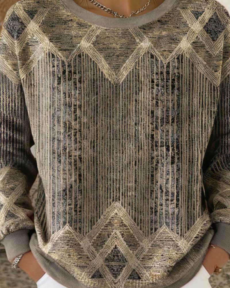 Retro Drukowany Sweter Z Okrągłym Dekoltem