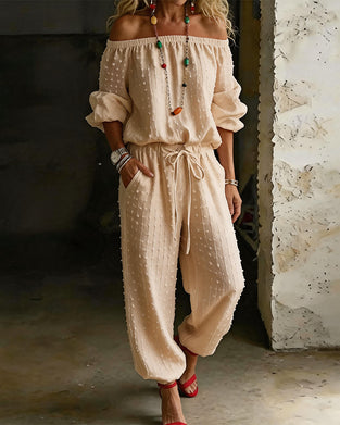 Jumpsuit Żakard Off-Shoulder Szeroka Noga