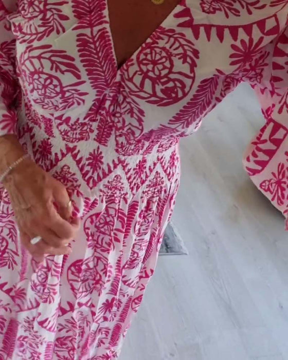 Elegancka sukienka z nadrukiem w kształcie litery V i rękawami typu dzwonek