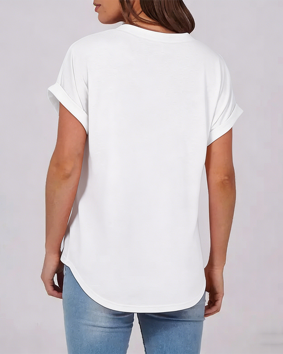 T-Shirt Jednokolorowy Dekolt W Serek Krótki Rękaw