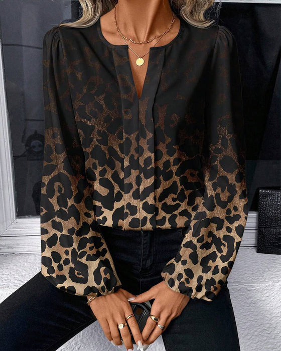 Koszula Bufiasty Rękaw Gradient Leopardzi Print