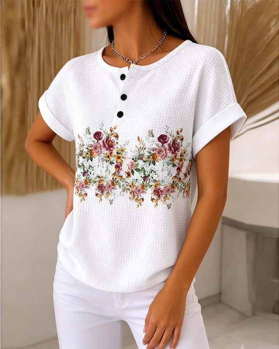 T-Shirt Okrągły Dekolt Guzik Wafel