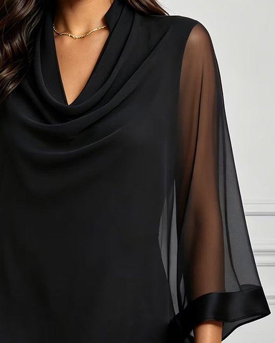 Bluzka Cowl Neck Nieregularny Gładki Sheer