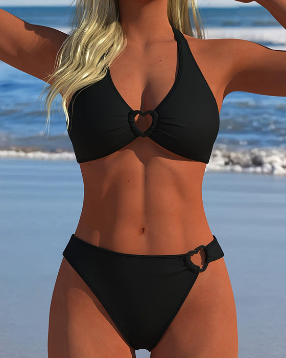 Bikini Halter Serce Klamra Jednolity Kolor