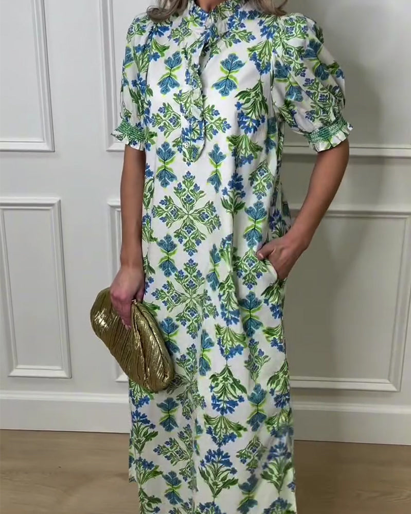 Sukienka Roślinny Nadruk Stójka