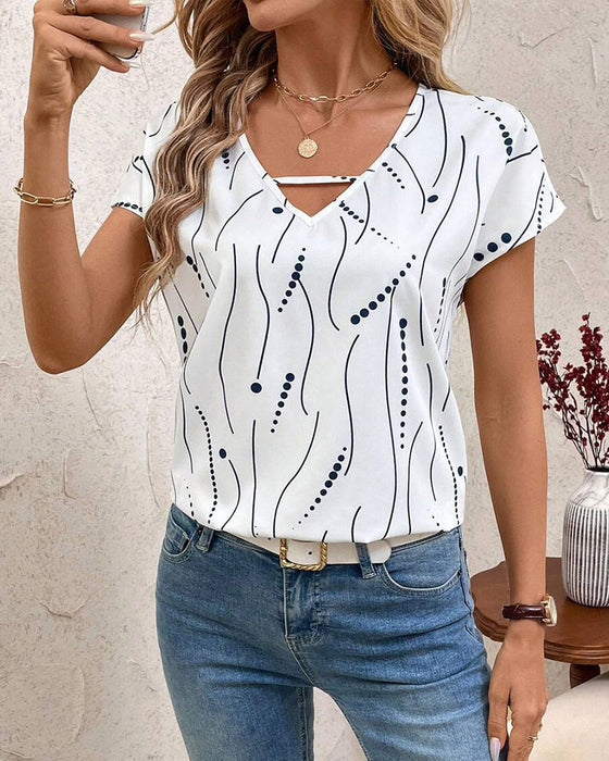 T-Shirt Dekolt W Szwu Krótki Rękaw Drukowany