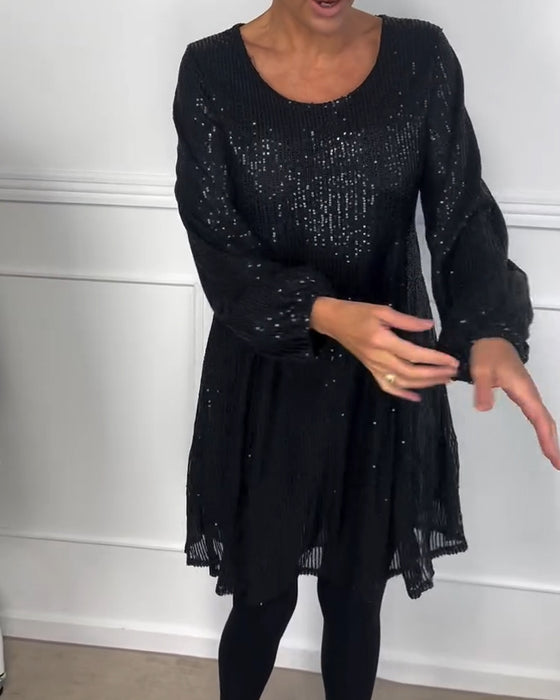 Sukienka elegancka z rękawami typu lampion i cekinami w kształcie litery A