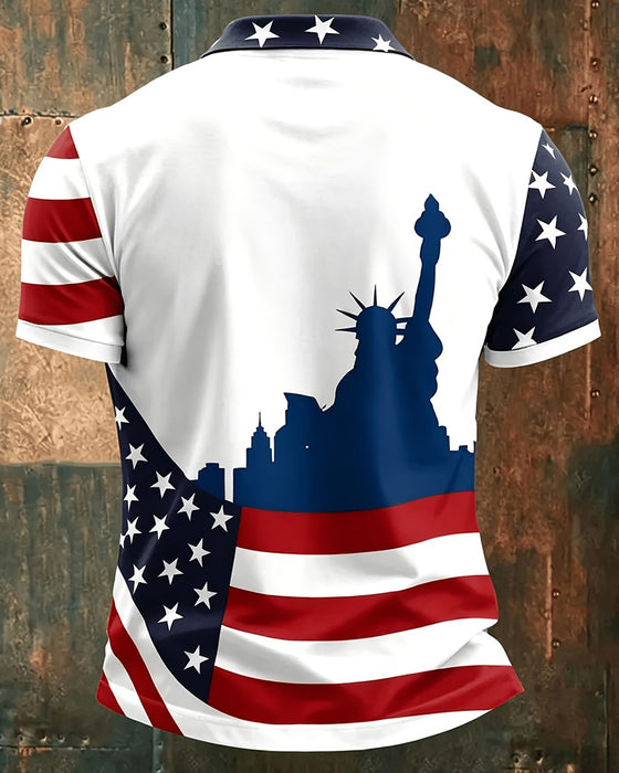 T-Shirt Gwiazdy I Paski Nadruk Kołnierzyk Guzik