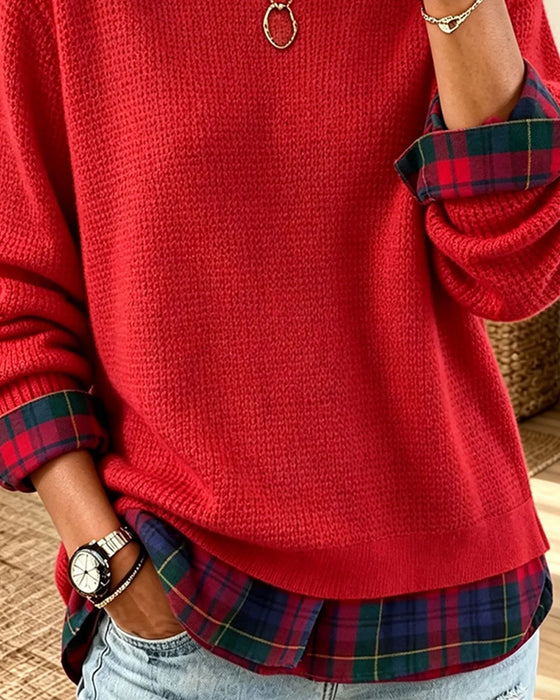 Sweter Okrągły Dekolt Krata Patchwork Sztuczny Dwuczęściowy