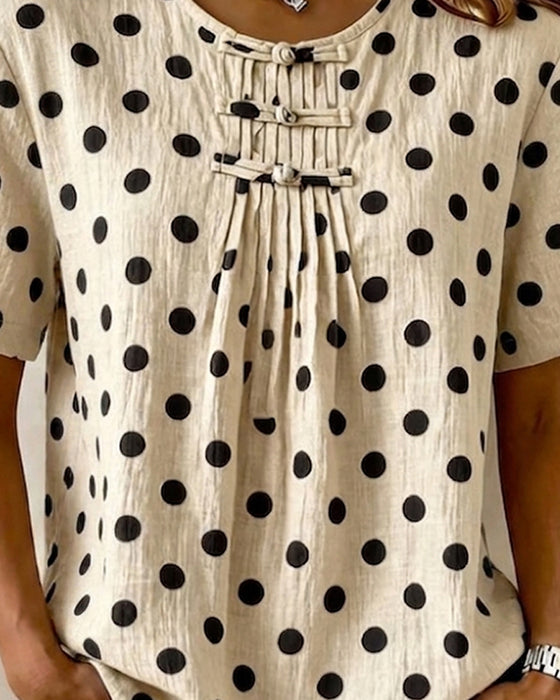 Bluzka Polka Dot Guzik Żabka Krótki Rękaw
