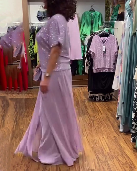 Luźna cekinowa bluzka z krótkim rękawem i dekoltem w kształcie litery V