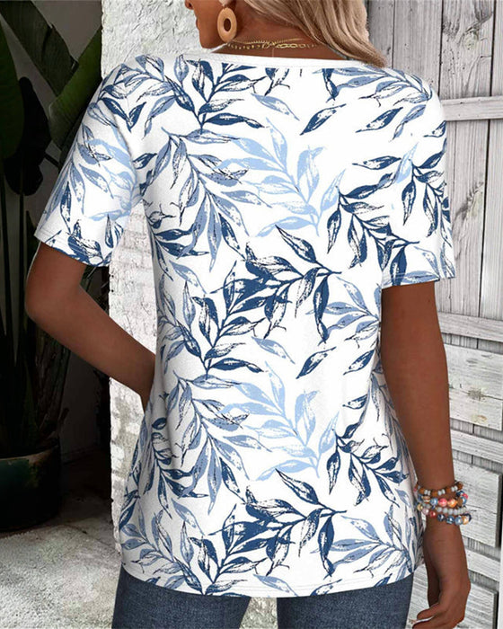 T-Shirt Dekolt W S Krótki Rękaw Wzór W Liście Bambusa