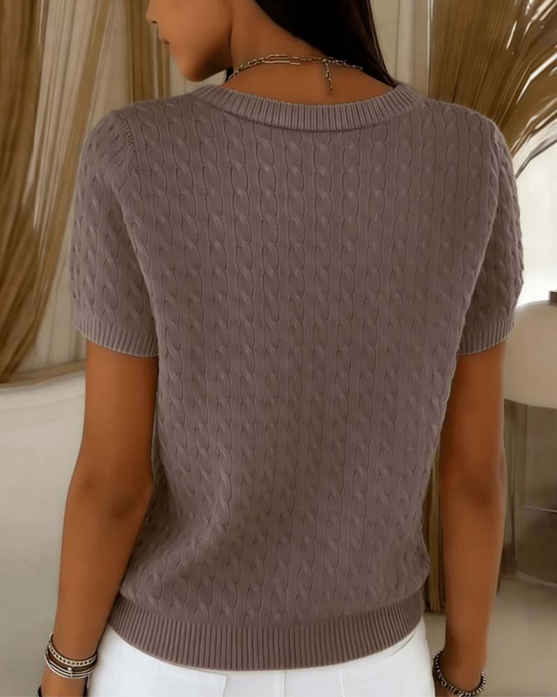 Sweter Okrągły Dekolt Krótki Rękaw Jednokolorowy Casual