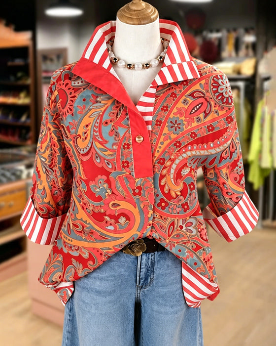 Bluzka Patchwork Kwiatowy Druk Swobodny
