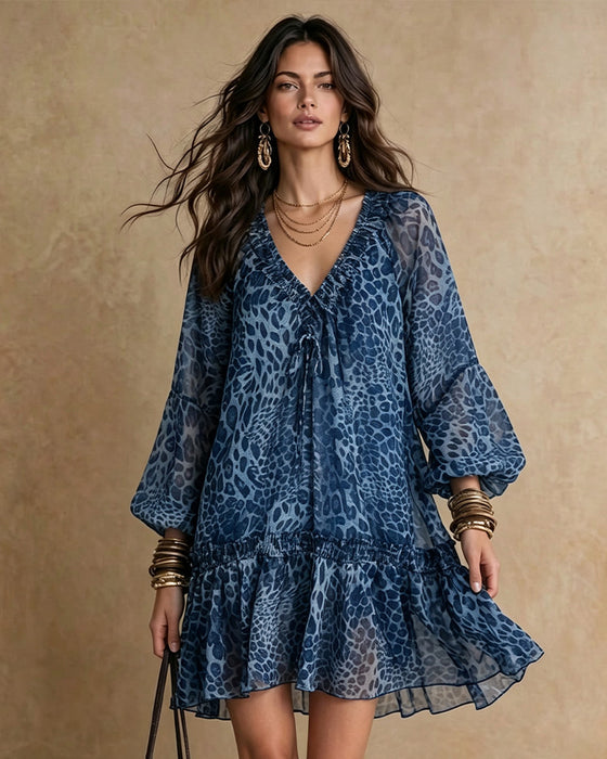 Sukienka V-Neck Leopard Print Bufiaste Rękawy Falbana