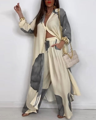 Garnitur Kołnierz Guzik Kolorowe Bloki Wzór Wąski Spodnie