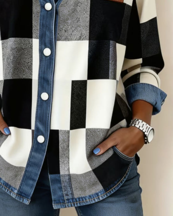 Koszula W Kratę Blok Kolorów Denim Patchwork