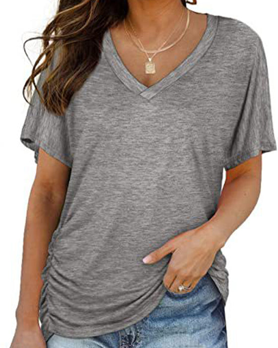 T-Shirt Plisowany Jednokolorowy Dekolt W Serek