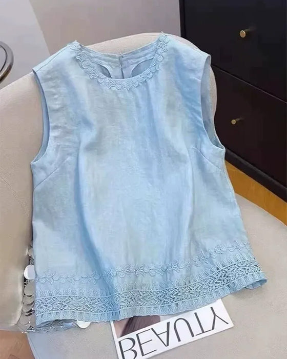Tank Top Okrągły Dekolt Haftowana Lamówka