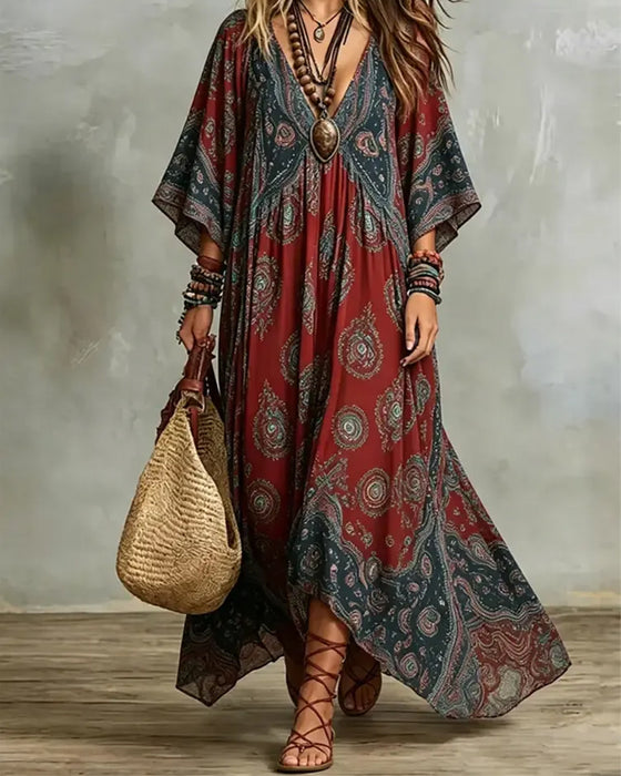 Sukienka Vintage Bohemia Dekolt W Serek Drukowana Maxi