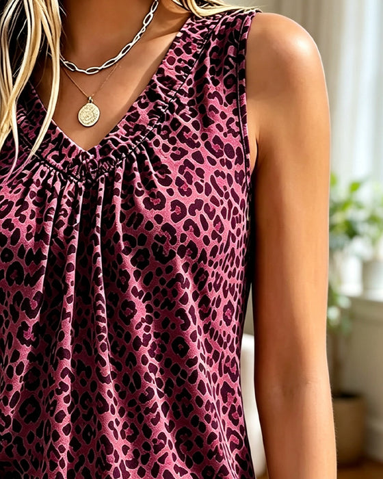 Tank Top V-Szyja Lampart Marszczony